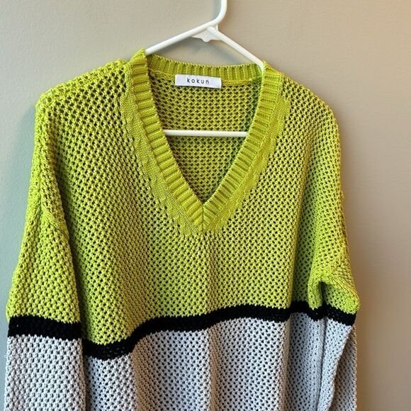 Kokun sweater green and grey medium cotton vneck - Picture 4 of 7